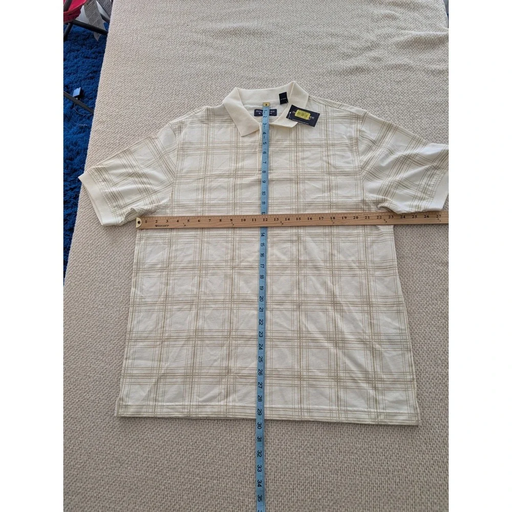 Roundtree & Yorke Mens Large Cream‎ Tan Plaid Cotton Short Sleeve Polo Shirt NWT